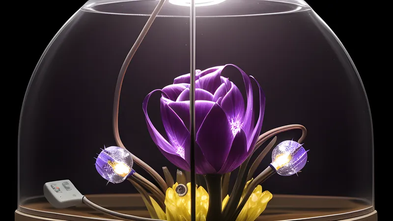 An exploded invented bulb form revealing its LED filament array, driver board and glass diffuser dome