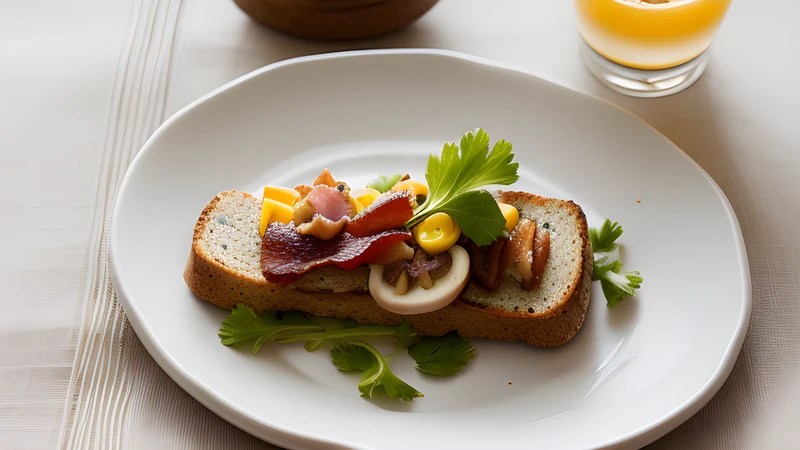 An open sandwich on dark rye piled with pale liver pâté, crisp bacon rashers and browned mushrooms, pickled cucumber on the side