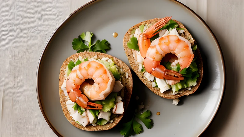 A slice of dark rye bread piled high with small pink prawns, a lemon wedge and dill fronds on top