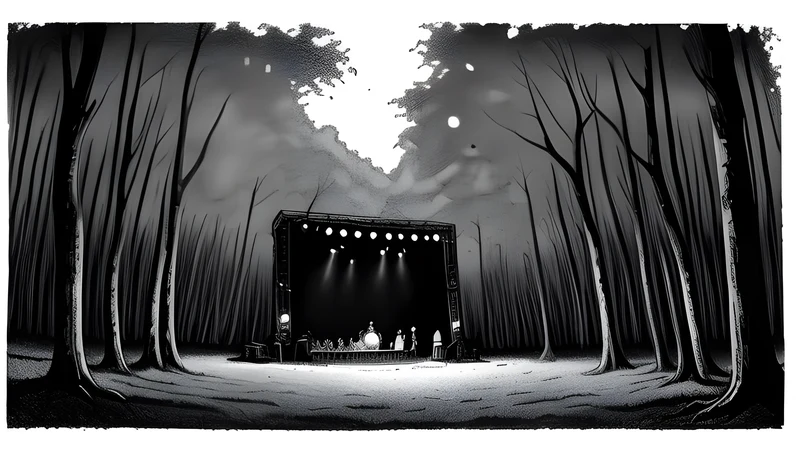 A festival stage among tall beech trees strung with fairy lights in Skanderborg at dusk