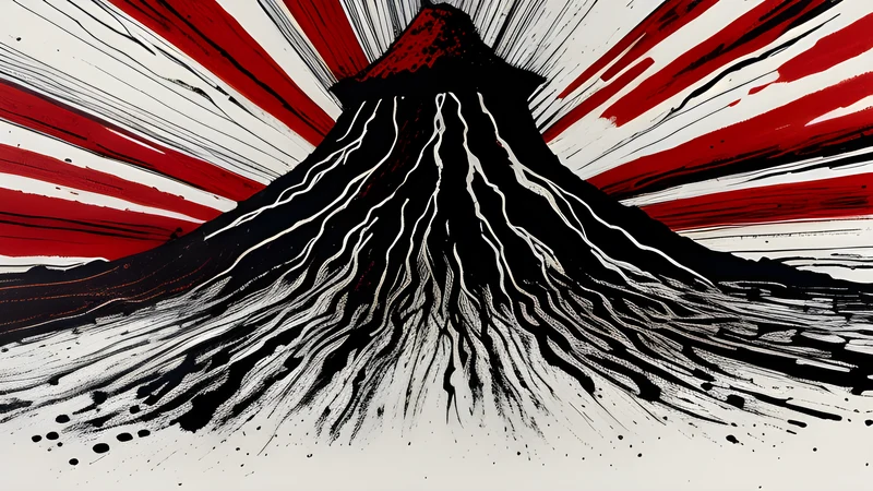 Ink-splattered lone figure in a wide-brimmed hat against a bleak volcanic plain under a low sun, crimson spot colour