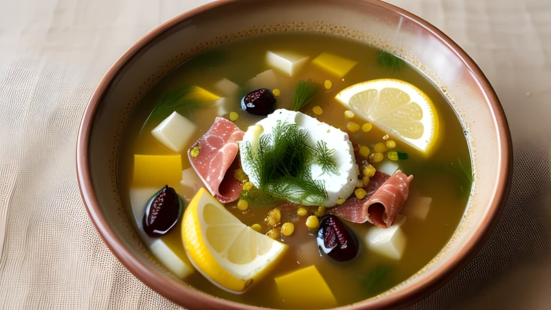 A bowl of dark sour-salty soup with cured meats, sliced olives, a lemon slice and chopped dill