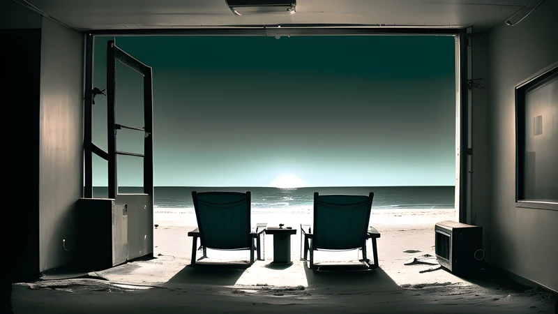 Repertory poster: an empty beach and a distant beach house at dusk, teal water, amber flare light through smoke