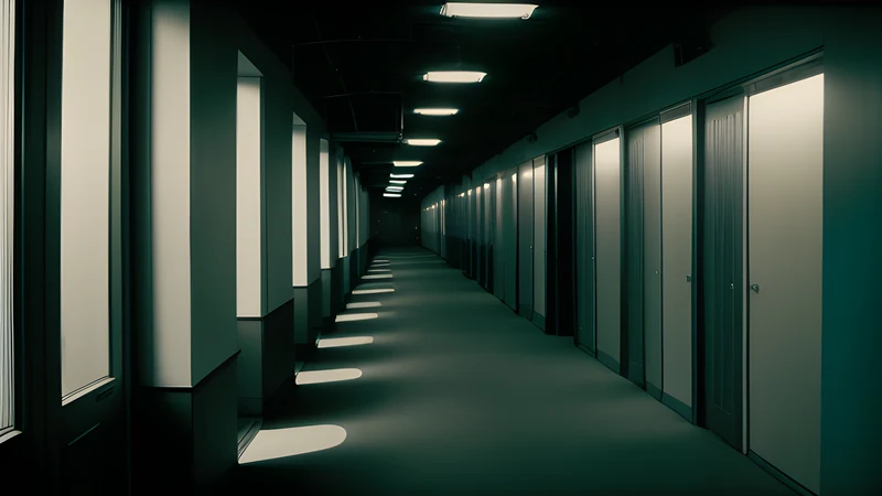 A pale, motionless crowd stranded in a grey-green office interior, repertory cinema poster in teal and amber with projector light through smoke