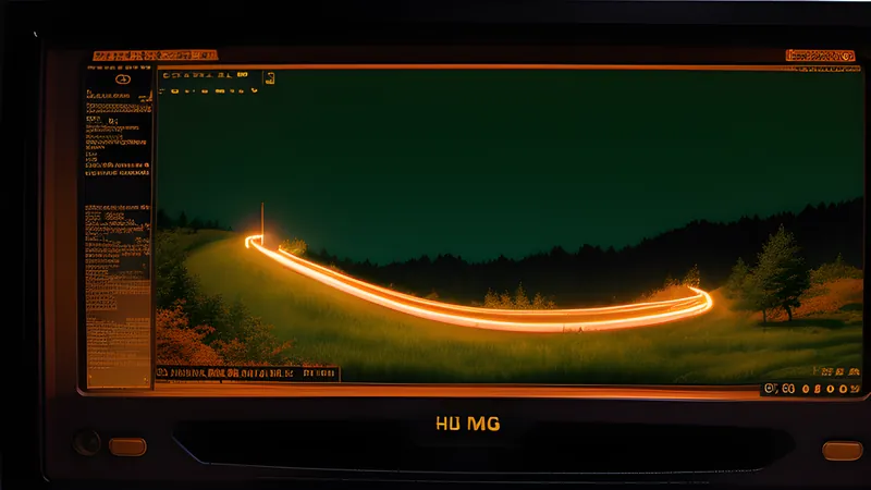A looping golden ring trail arcing across a bright green rolling hillside