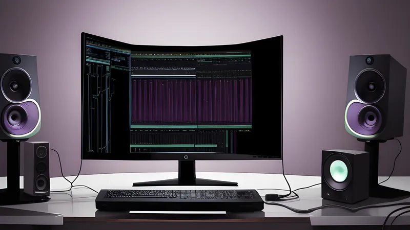 An invented cylindrical smart speaker beside a pair of angular studio monitor cabinets with their cones exposed