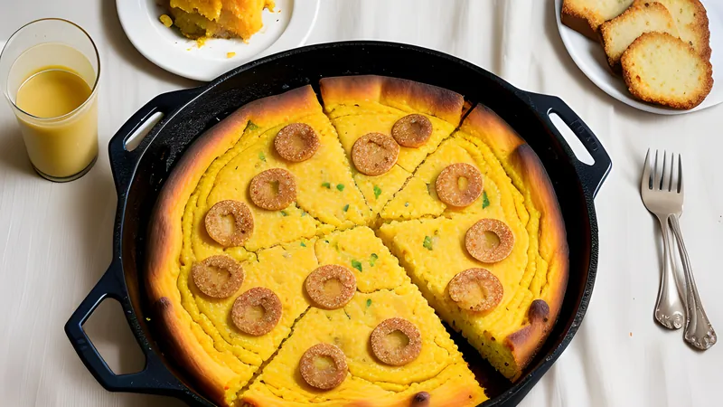A golden square of sopa paraguaya cornbread cut to show its moist, cheese-flecked crumb