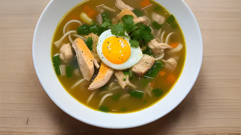 Bowl of golden turmeric chicken soto ayam with glass noodles, egg and fried shallots