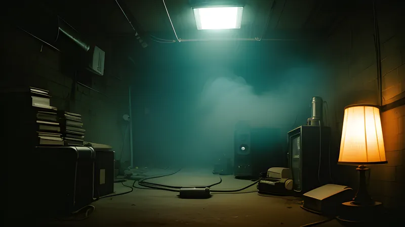A basement lit by a single lamp with a breathing apparatus beside a chair, repertory cinema poster style