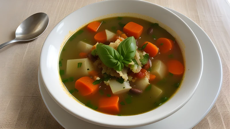 A bowl of summer vegetable and bean soup with a spoonful of green basil pistou melting into the surface
