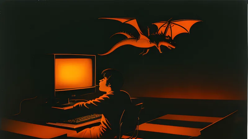 A lone flying figure low over a scrolling checkerboard plain under amber CRT glow
