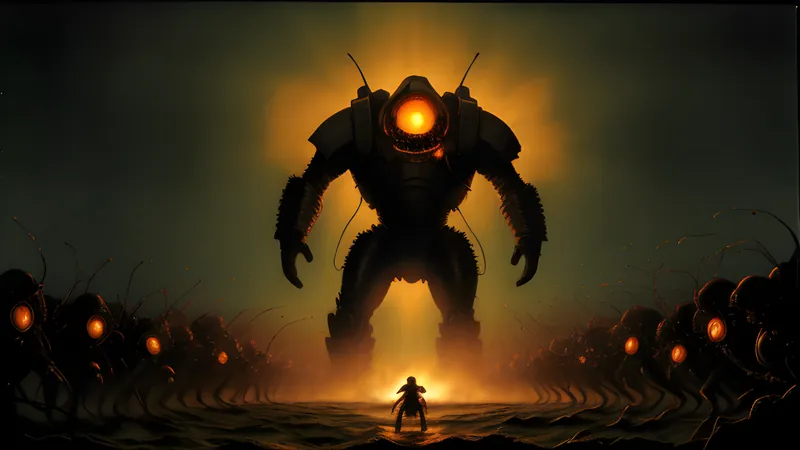 An armoured giant wading into a swarm of alien creatures under a burning sky