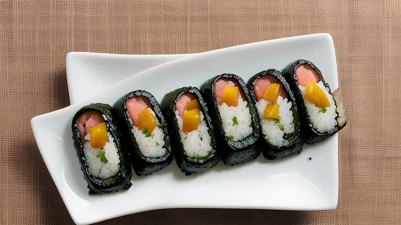 Rectangular blocks of rice topped with glazed Spam slices, each wrapped in a band of nori seaweed