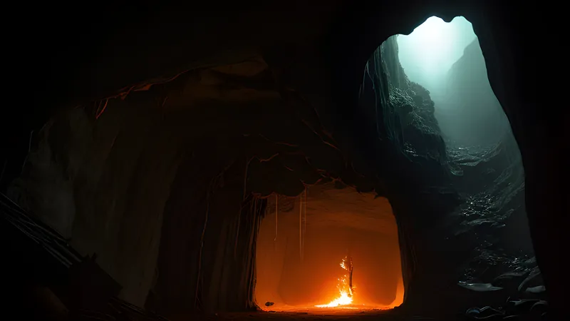 A torch-lit cave shaft branching into collapsing procedural passages, rendered in amber CRT glow