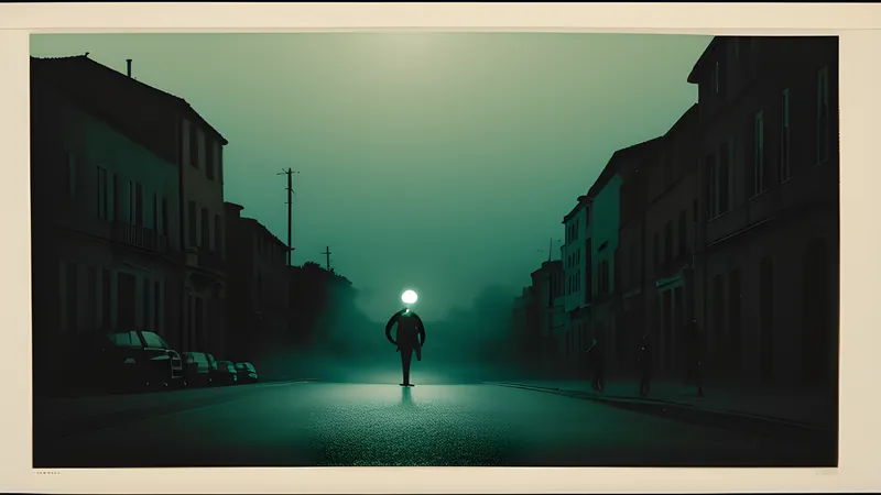 A child's white ball bouncing down a Roman street at dusk, teal and amber repertory-poster lighting