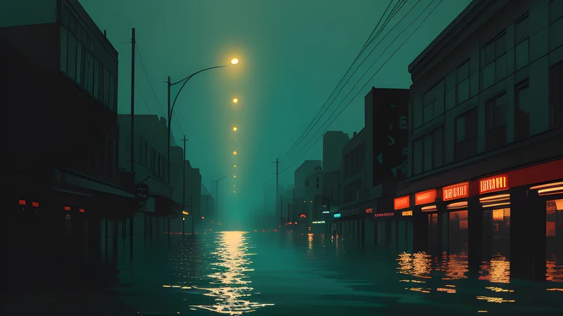 A flooded city street at night lit by neon reflecting off black water