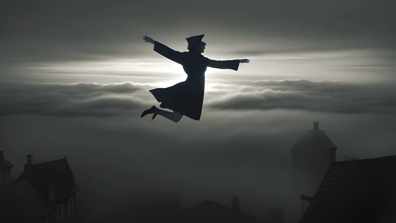 A caped leaping figure bounding over Victorian rooftops in gaslit fog, with startled onlookers on the street below