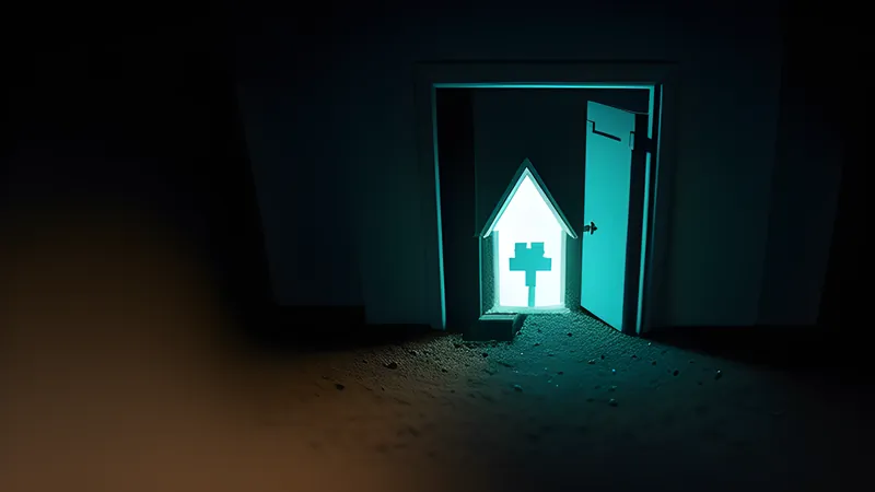 A glowing key shape quietly opening a small door in a vast dark server landscape