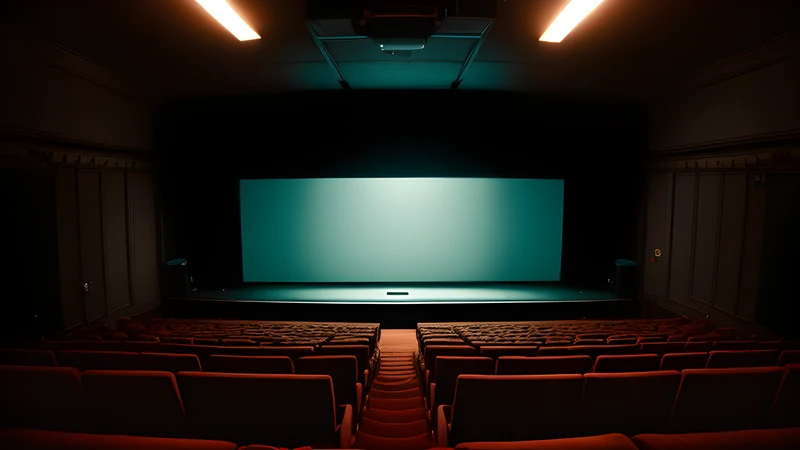 An empty theatre stage lit in teal and amber, a large owl mask resting alone on a chair