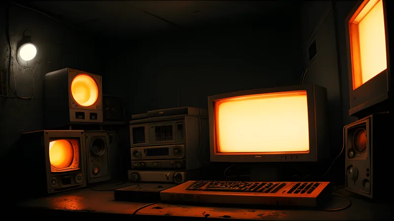 A rusted field of anomalies under a grey sky in amber CRT glow, scattered bolts in the dirt