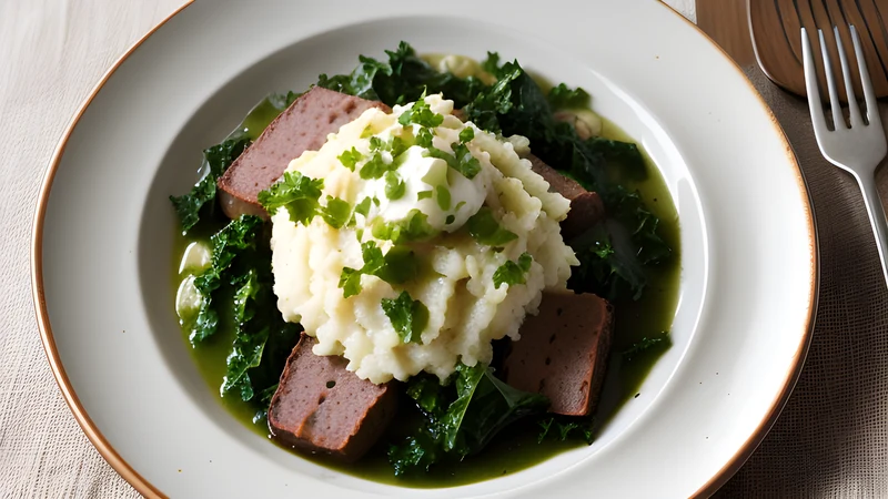 A deep bowl of green-flecked kale mash with a sliced smoked sausage and a well of dark gravy