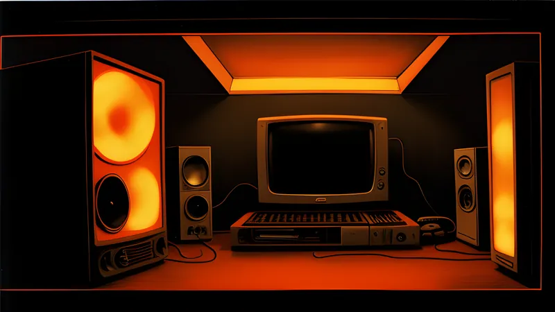 A lone glowing lightsaber blade held ready before a vast dead alien ruin, rendered in warm CRT amber