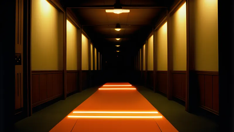 A lightsaber's glow tracing a branching corridor in a dark ruin