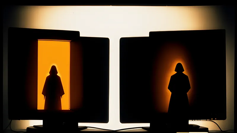 A cloaked figure's shadow splitting into two opposing silhouettes