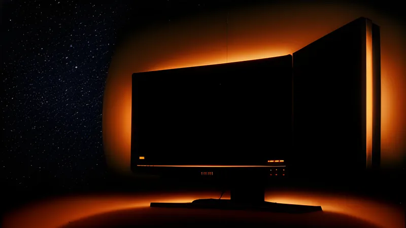 A lone spaceship silhouetted beside an endless star field, CRT amber glow, dark room, scanlines