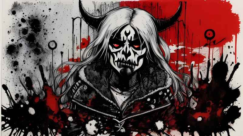 A dark festival stage lit red over a corpse-painted crowd in Finland, ink-splatter illustration with a crimson hot spot.