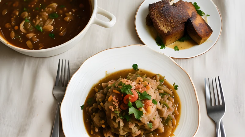 Dark beef stew crowded with whole baby onions and a cinnamon stick in a shallow bowl