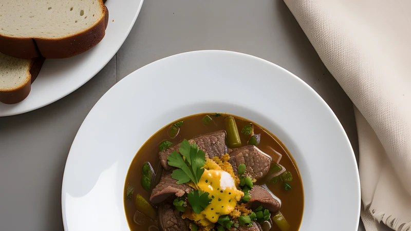 Dark Flemish beef stew in an enamel casserole, glossy brown sauce, with chips alongside