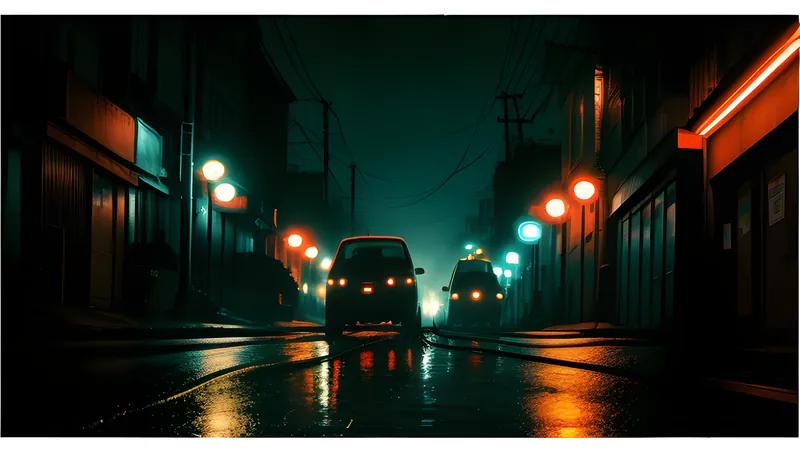 A rain-slick city street at night with a headset trailing wires, repertory cinema poster style
