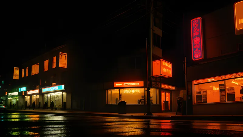 A rain-slicked neon city street corner glowing under flickering signage at night, amber CRT bloom