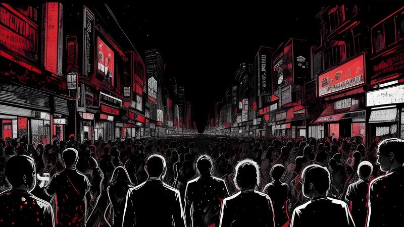 Night crowd under club lights spread across a Copenhagen cityscape, splattered ink, crimson glow