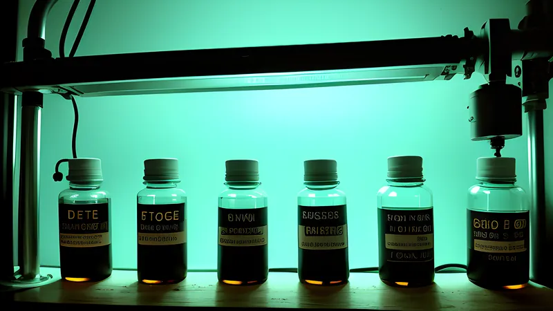 A basement laboratory bench of glowing green reagent vials and surgical steel instruments