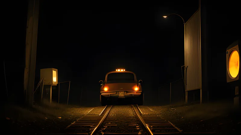 A skeletal ramp track suspended in dark space with a car frozen mid-air over the drop, amber CRT bloom