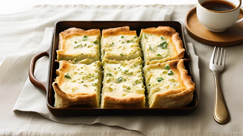 A golden tray of layered Turkish cheese börek cut into squares