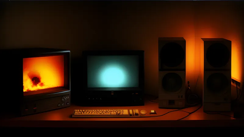A shelf of games glowing softly in a dark room, CRT phosphor light