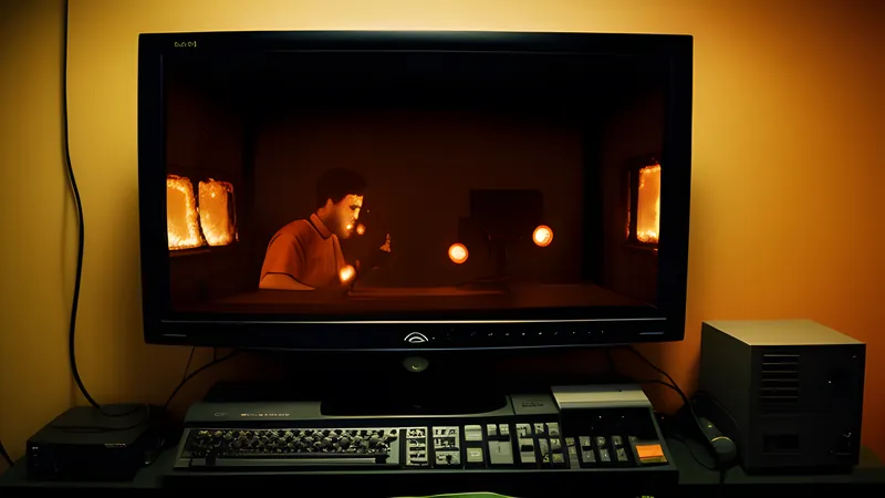 A hero-shooter storefront glowing over a city skyline, warm CRT-amber tones
