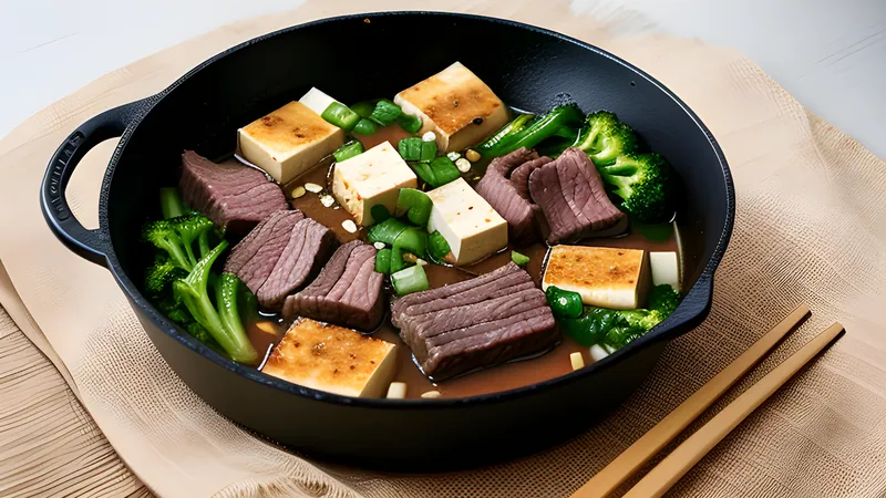 Thin sliced beef and vegetables simmering in a shallow iron sukiyaki pan