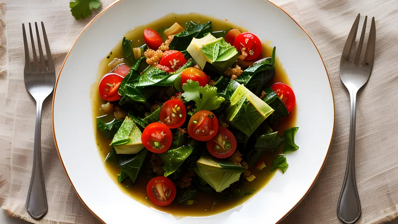 Braised collard greens with onion and tomato in a dark cooking pot