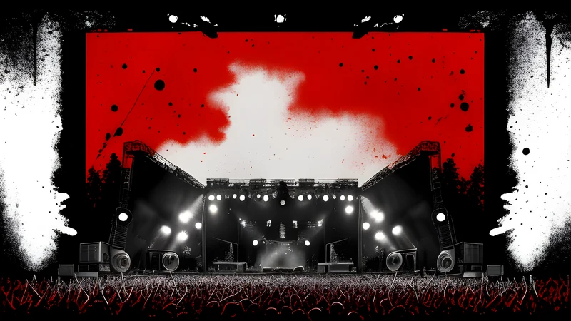 Silhouetted crowd and a towering main-stage rig on a Bavarian airfield at dusk, ink-splatter illustration with a crimson hot spot.