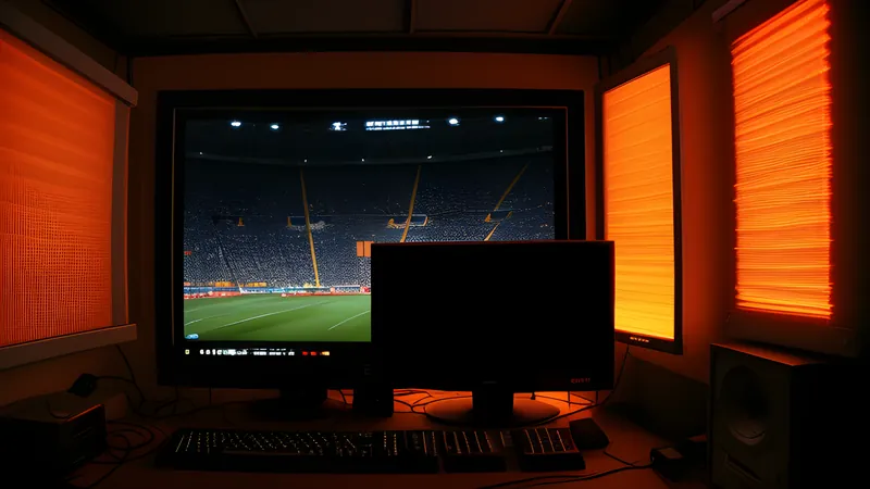 A floodlit stadium under a waving flag beside a joystick worn thin, in amber CRT glow