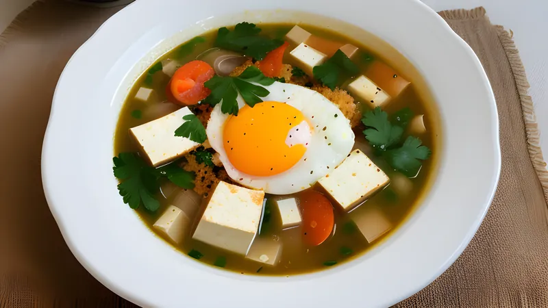 A stone bowl of bubbling red sundubu jjigae with soft curds of silken tofu and a raw egg cracked on top