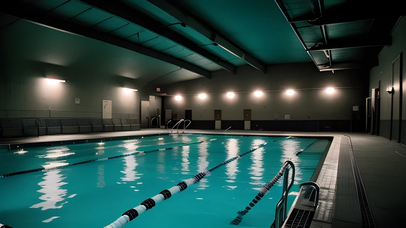 A floodlit swimming pool at night behind a decaying mansion, lights burning under the water