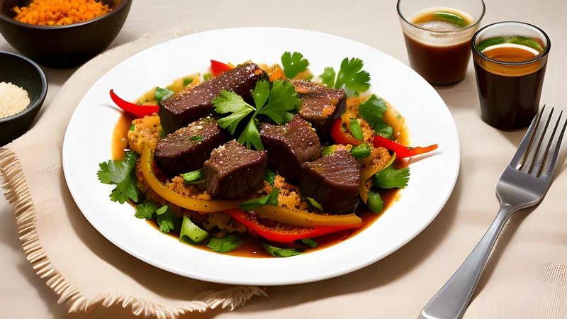 Sizzling pan of small-cubed suqaar beef with peppers and onion, served with rice and flatbread