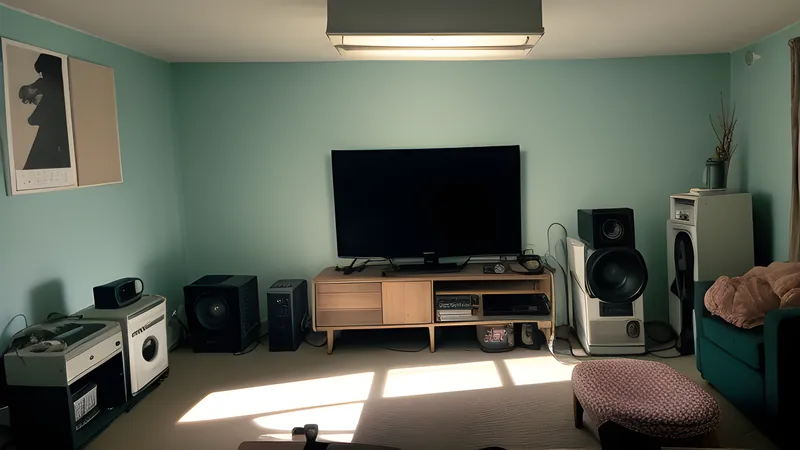 A saturated wallpapered room with a single suited silhouette, teal and amber repertory poster, projector light through smoke