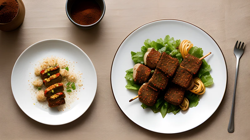 Charred beef skewers dusted in reddish-brown spice with sliced raw onion and tomato alongside