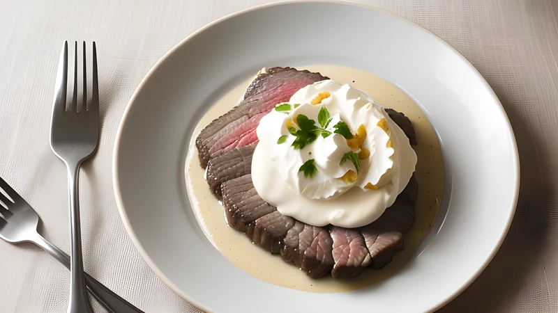 Sliced beef under a pale root-vegetable cream sauce with bread dumplings, a swirl of cream and a spoon of cranberry